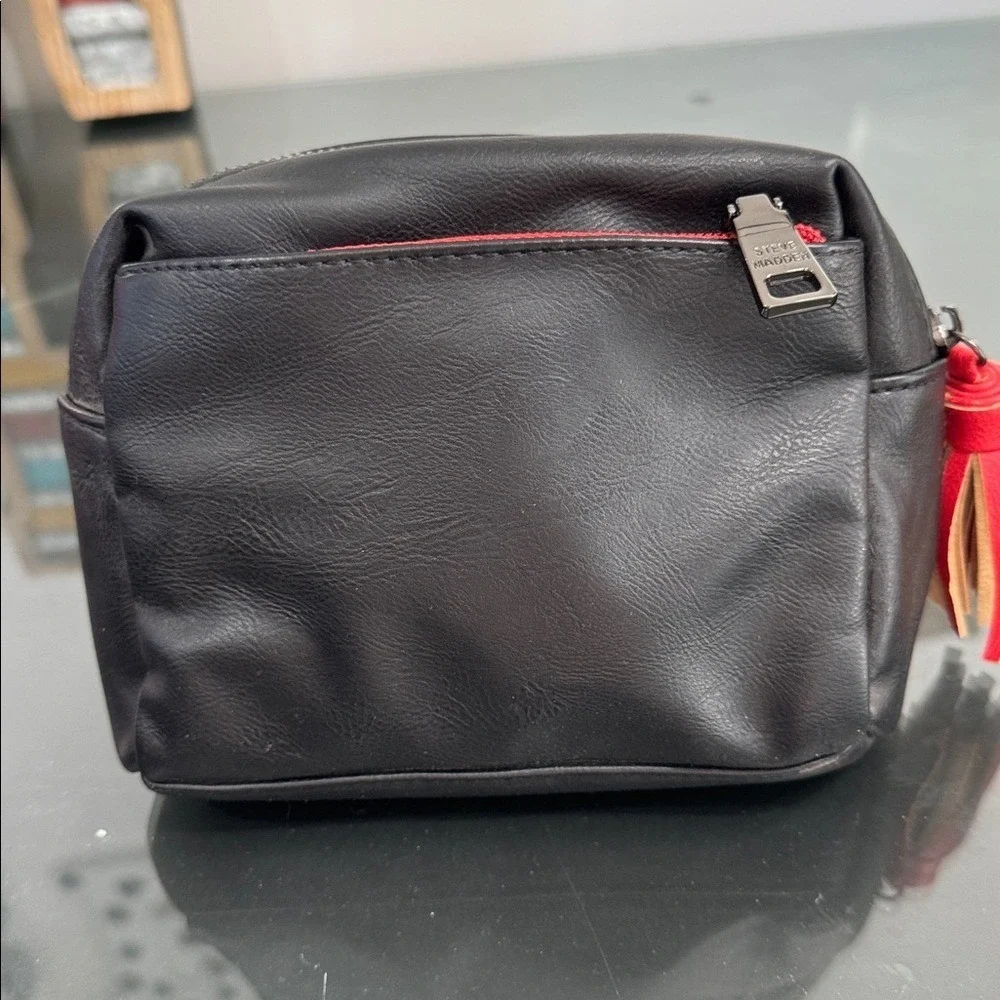 Steve Madden Black Faux Leather Cosmetic Bag‎ Pouch Tassel Accent